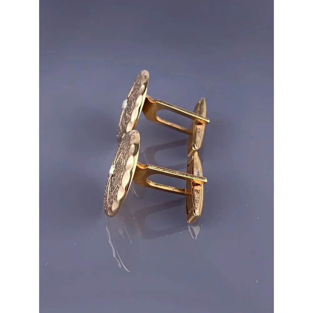 Round White Rhinestone Gold Tone Cufflinks Textured Mid Century Simple Vintage